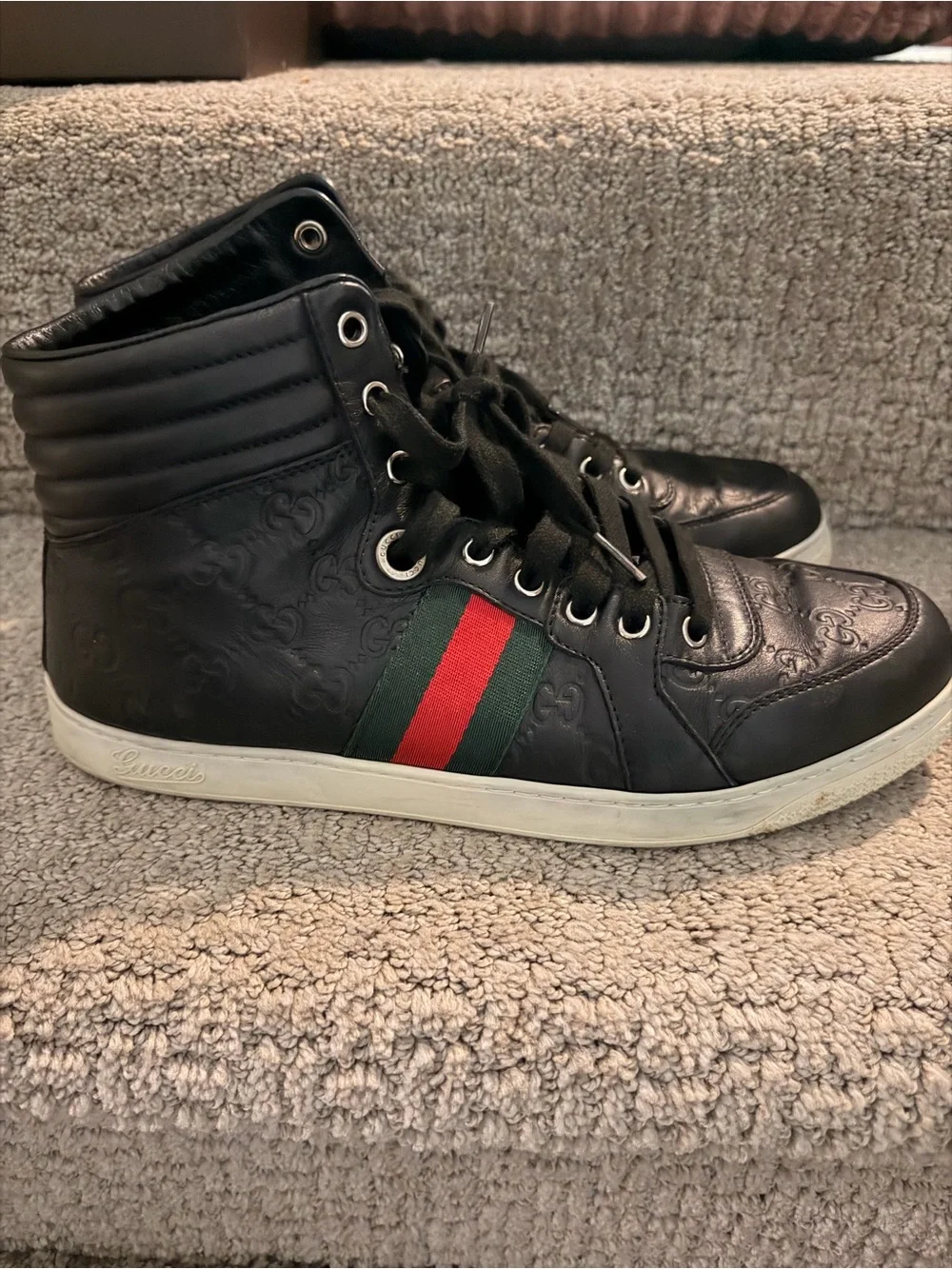 Gucci Black Leather High-Top Sneakers with Red & Green Web Stripe